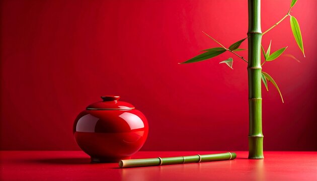 Glossy crimson red Japanese lacquerware surface alongside a fresh green bamboo stalk