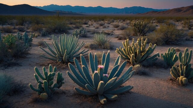 Desert landscape with blooming cacti plants during sunset