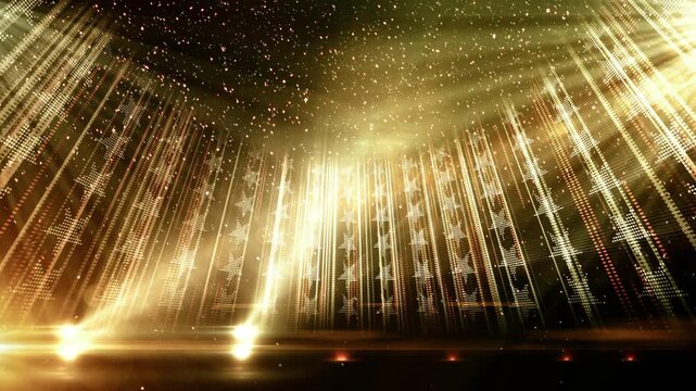 Stars golden revolving stage with projectors. Animated video background. 
Video in loop.