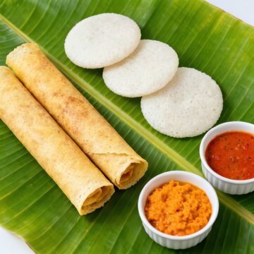 Crispy rolled paratha wraps with white rice cakes and spicy chutneys on a green banana