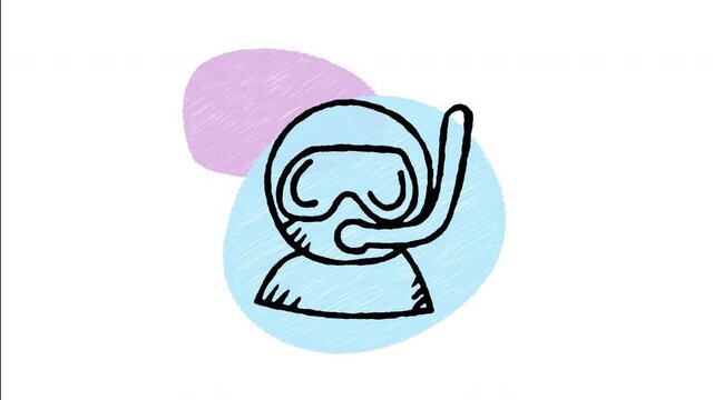 An animated hand-drawn avatar of a scuba diver wearing an underwater diving mask and snorkel tube. Ideal for ocean diving centers, water sports, marine exploration, and vacation travel. 