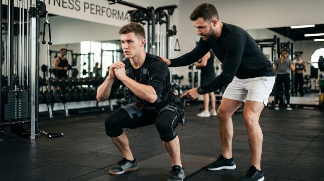 Fitness coach guiding a young man during intensive body training.