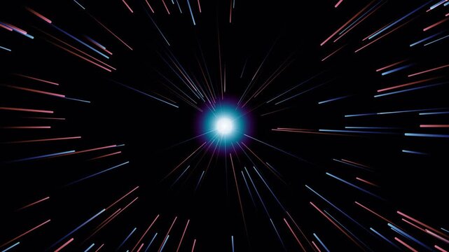 A bright blue star glowing in the center of a fast hyperspace travel effect