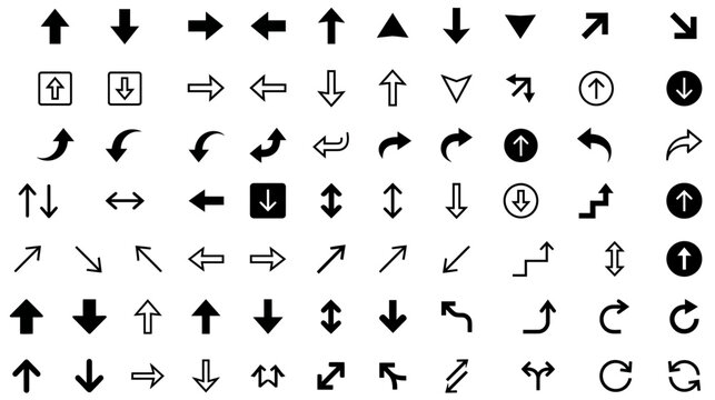 A comprehensive collection of arrow symbols illustrating direction movement and navigation in various graphical representations and design applications