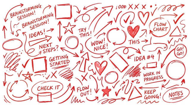A vibrant collection of hand drawn arrows shapes and motivational phrases depicting a dynamic brainstorming and creative thinking process