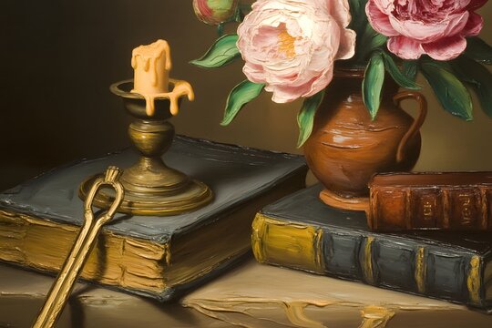 Antique brass candlestick with roses on wooden surface