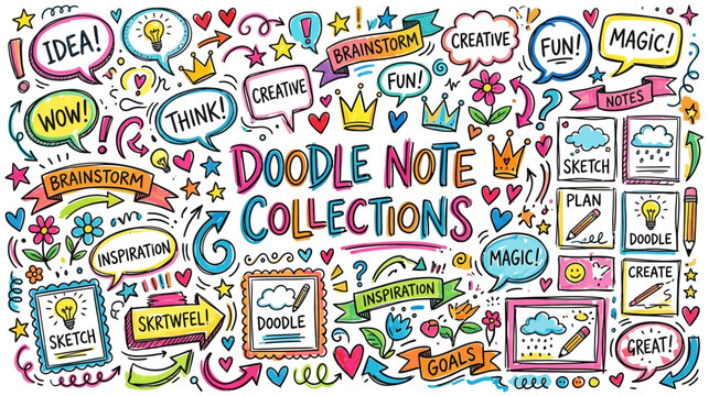 A vibrant and colorful collection of doodle notes brainstorming elements and inspirational phrases perfect for creative expression and visual thinking