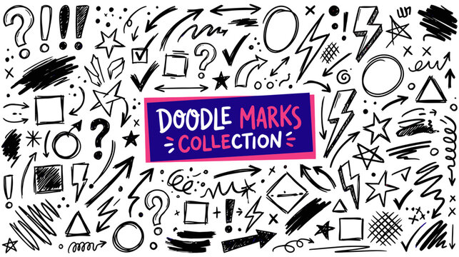 A vibrant and chaotic collection of hand drawn doodle marks including arrows question marks stars and various shapes creating a playful visual