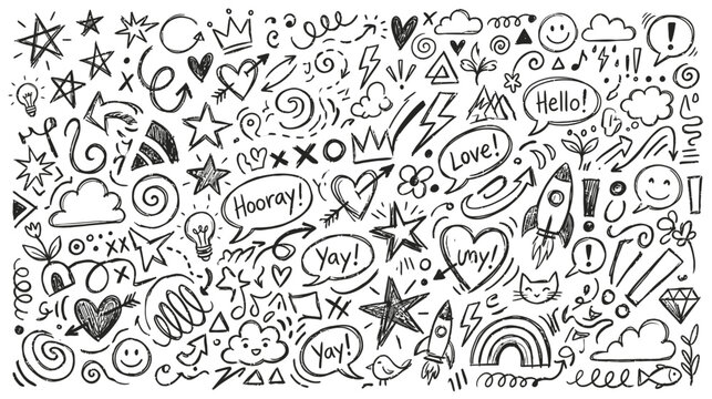 A delightful and whimsical collection of hand drawn doodle elements including arrows hearts stars and expressive textual phrases creating a playful aesthetic
