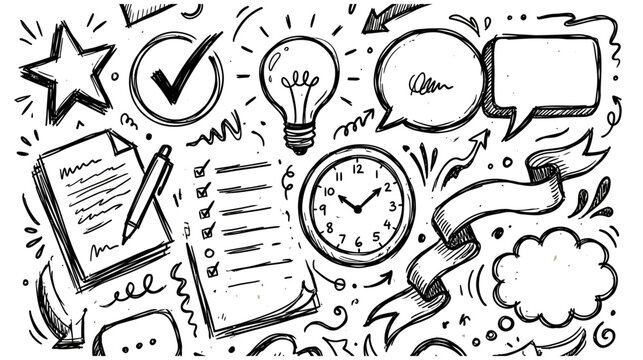 This black and white doodle collection represents ideas planning success and time management with various illustrative elements conveying productivity and creativity