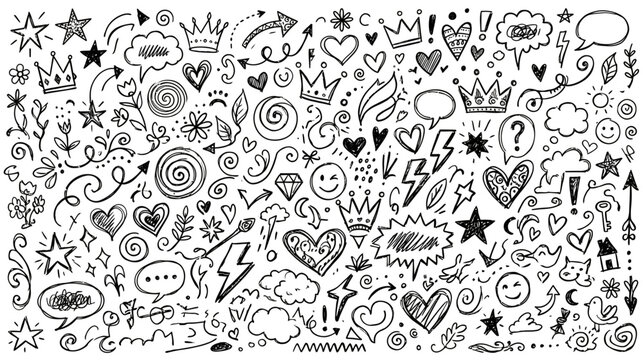 A vibrant and chaotic collection of hand drawn doodles featuring arrows hearts stars and whimsical elements creating a playful and expressive visual