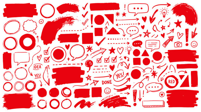 A vibrant collection of red hand drawn elements including arrows shapes and icons perfect for creative brainstorming and visual communication projects