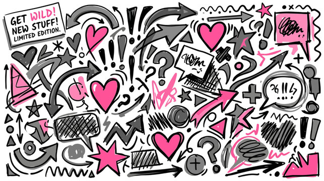 A vibrant and chaotic collection of hand drawn doodles arrows hearts and question marks creates a playful and energetic visual composition