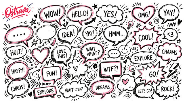 A vibrant and expressive doodle collection featuring speech bubbles arrows and whimsical elements conveying a sense of dynamic communication and creative energy