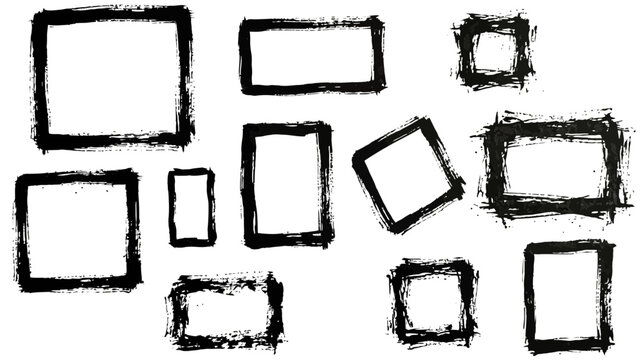 A diverse collection of hand drawn rough edged rectangle and square frames showcasing varied orientations and textural brushstroke styles for design elements