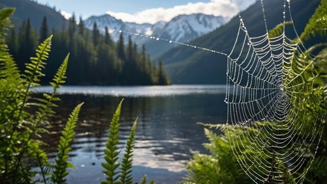 Spider web with dew drops against a mountain lake and forest