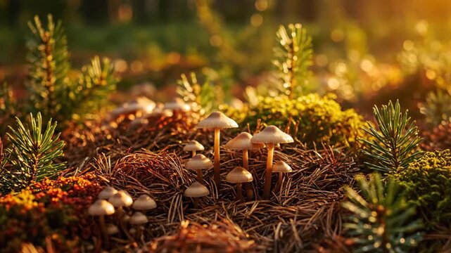 Mushrooms growing on the forest floor with pine needles and soft golden light creating a magical mood