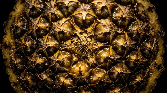 Macro Detail of Pineapple Texture Showing Geometric Fractal Pattern and Golden Brown Scales on a Black Background, Abstract Exotic Fruit Skin Photography for Background or Design Projects.