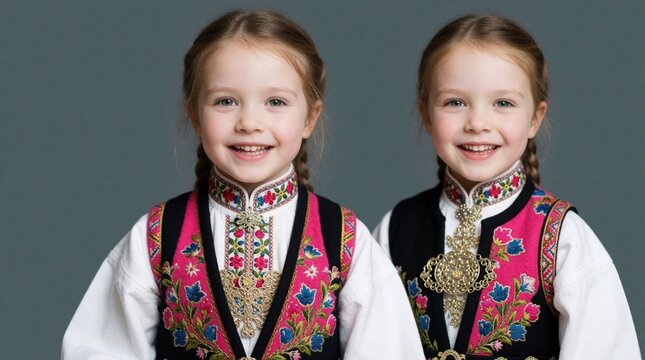 Two smiling young girls wear traditional Norwegian bunad folk costumes. Embroidered vests feature vibrant floral patterns, intricate silver brooches, isolated against plain gray backdrop, embodying