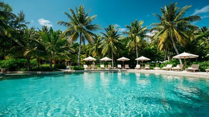Obraz premium Tropical resort swimming pool with palm trees and sun loungers