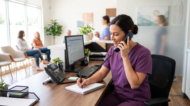 a friendly clinic assistant wearing purple medical scrubs as she manages front desk operations at a modern medical facility. Seated at a bright wooden reception counter