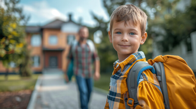 Schoolboy with a yellow backpack standing outside a modern school building and smiling at the camera, first day, September arrival, elementary pupil, campus entrance, academic year, primary education