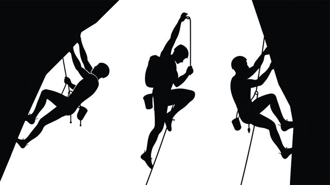 Rock climbing silhouette icon set illustration, harness rope cliff wall sport adventure mountaineering vector