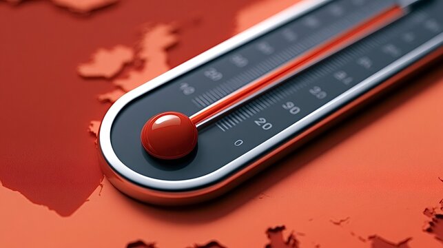Thermometer with rising mercury over a red europe map, illustrating extreme heat, climate change and heatwave impact on the continent, urgent global warming warning