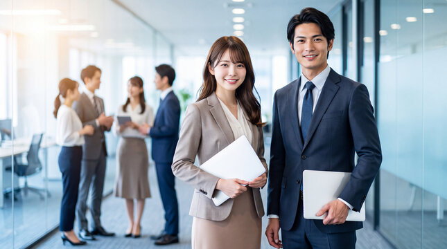 活気あるオフィスビル内でノートパソコンを手にする20代〜30代の男女社員（リクルート・チーム・働き方改革）