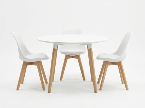 Modern white round dining table with three chairs