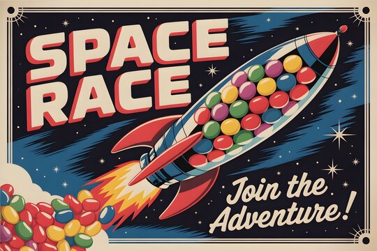 Colorful candy-filled rocket in space race adventure illustration