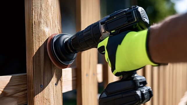 Hand wearing a safety glove using a cordless drill with a sanding attachment to smooth a wooden fence post, preparing the surface for finishing or maintenance in an outdoor setting