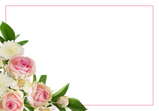 Small pink rose flowers, alstroemeria, chrysanthemums and green leaves of ruscus in a corner floral arrangement with a frame isolated on white or transparent background