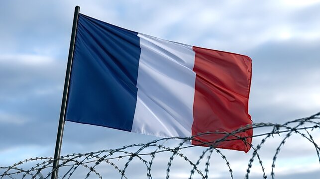 French flag waving with its blue, white, and red stripes against a cloudy sky, positioned behind coils of razor barbed wire, symbolizing concepts of security, borders, migration, and nationalism