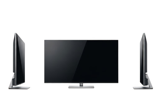 Modern flat screen television display from multiple angles isolated on transparent background