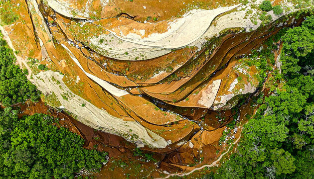 Aerial view rocky monolith green forest trees