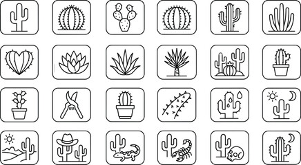 Cactus succulent desert square icons set saguaro agave pot pruner lizard scorpion skull line art vector illustration. © Mst Fateha Begum