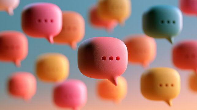 Back to school concept. Macro close-up detail of colorful 3D speech bubble icons floating in the air with text dots. Digital communication and modern messaging concept graphic. Bac