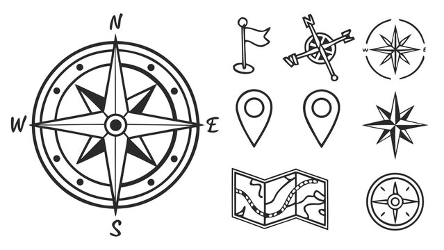 Compass Vector Icon Set for Navigation, Direction, Travel, Map and Nautical Adventure Symbols with North, South, East and West Sign Illustrations