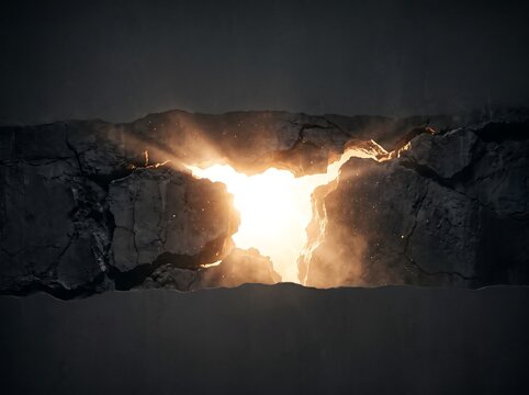 Bright light breaking through a dark cracked stone wall representing hope and new beginnings
