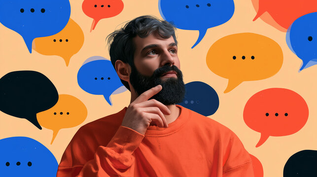 A thoughtful man with a dark beard wearing an orange sweatshirt, surrounded by colorful speech bubbles with ellipsis dots on a beige background.