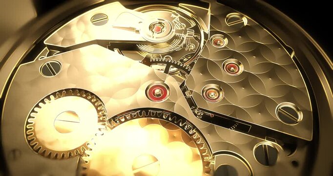 Close up view of an open back luxury automatic watch movement with gears turning.