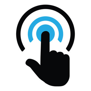 Hand pressing touch screen button flat icon on white background for user interface design