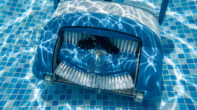 Automatic blue robotic swimming pool cleaner scrubbing mosaic tile floor underwater with white brushes and air bubbles in crystal clear water under bright sunlight with caustic reflections.