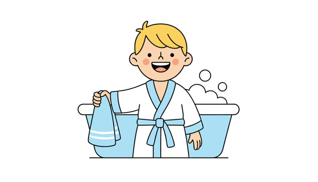 Cute cartoon boy wearing a white bathrobe and holding a towel next to a bubble bath in a blue bathtub.