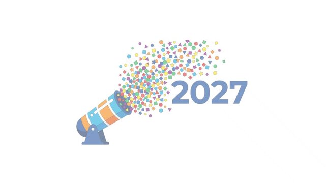 Party cannon launching vibrant geometric confetti shapes towards the year 2027 in this colorful motion graphic animation sequence showcasing a festive digital celebration of future progress.