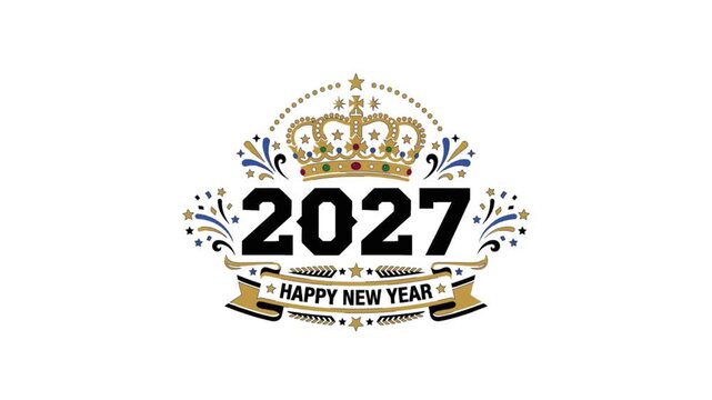 Royal crown icon sits atop bold 2027 lettering with elegant ribbon accents creating a festive New Year celebration motion graphic animation clip for holiday season events.