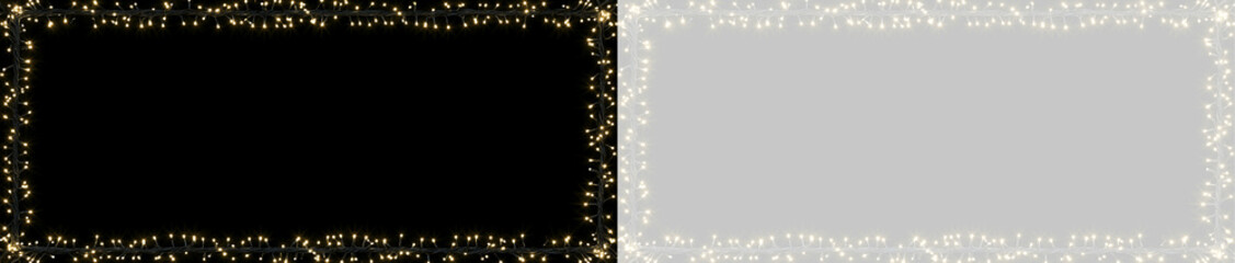 Naklejka premium Christmas lights rectangular frame border overlay. Christmas Glowing warm golden LED string garland isolated on transparent background. String Lights with Warm Glowing. PNG Holiday illumination