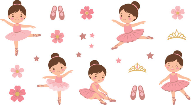 Cute little ballerina cartoon vector collection featuring pretty ballet girls in pink tutus, dance shoes, golden tiaras, flowers, and stars