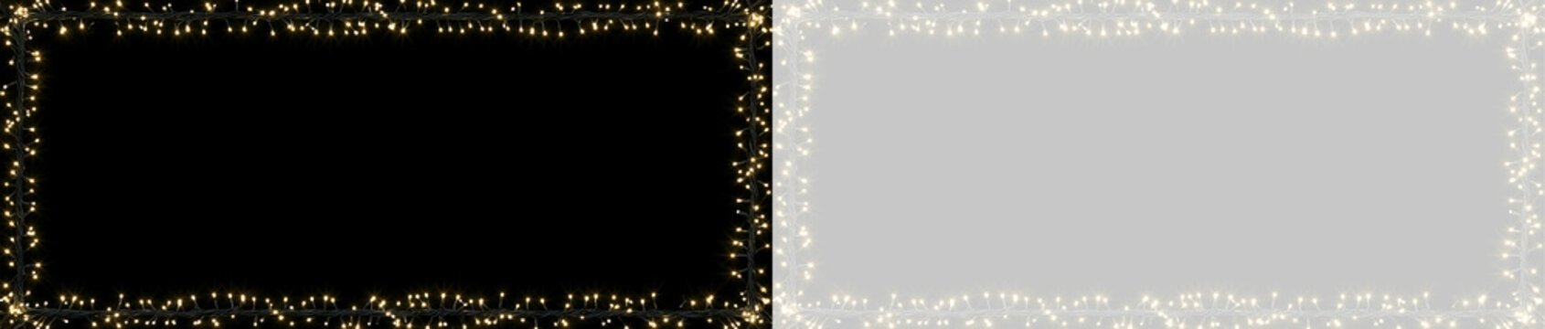 Christmas lights rectangular frame border overlay. Christmas Glowing warm golden LED string garland isolated on transparent background. String Lights with Warm Glowing. PNG Holiday illumination